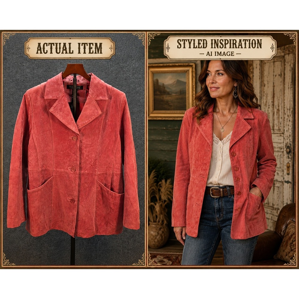 Dialogue Suede‎ Blazer Women Large Pink Excellent Vintage Leather Button Jacket